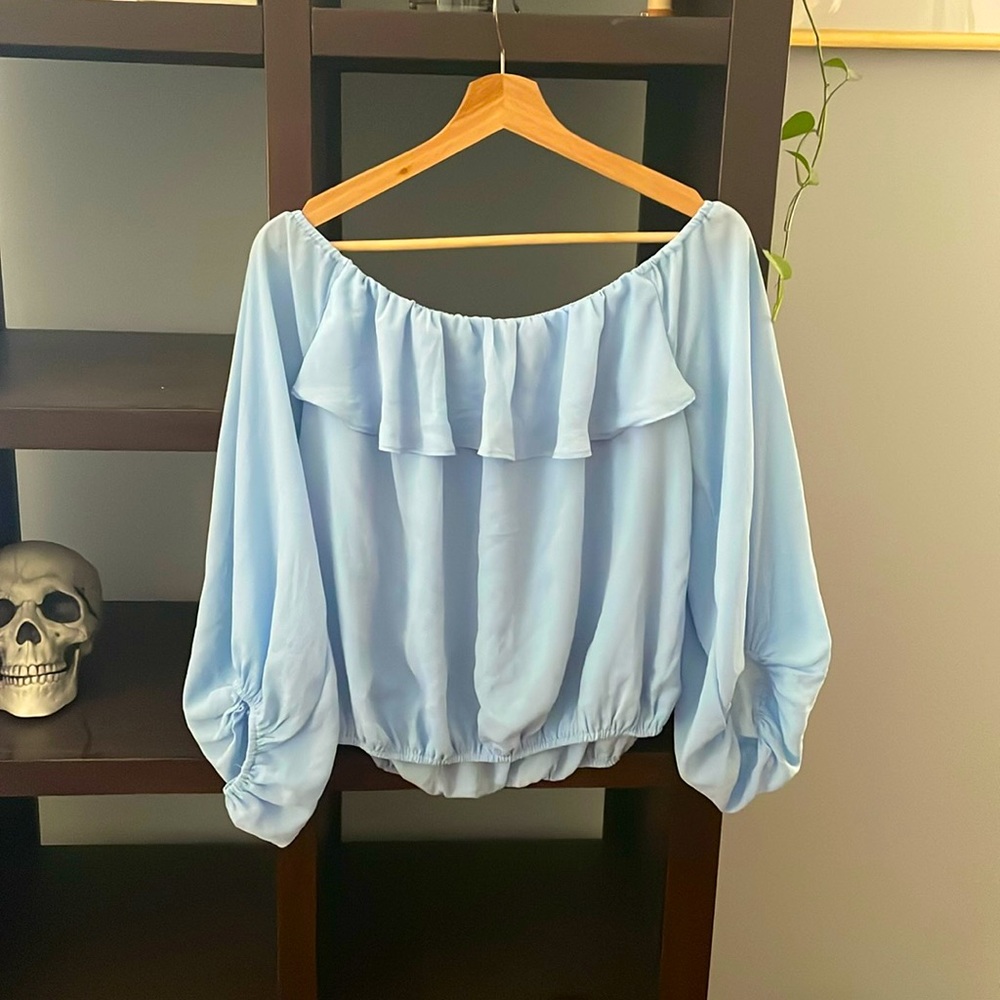 MainStrip Baby Blue Ruffle Off-the-Shoulder Blouse